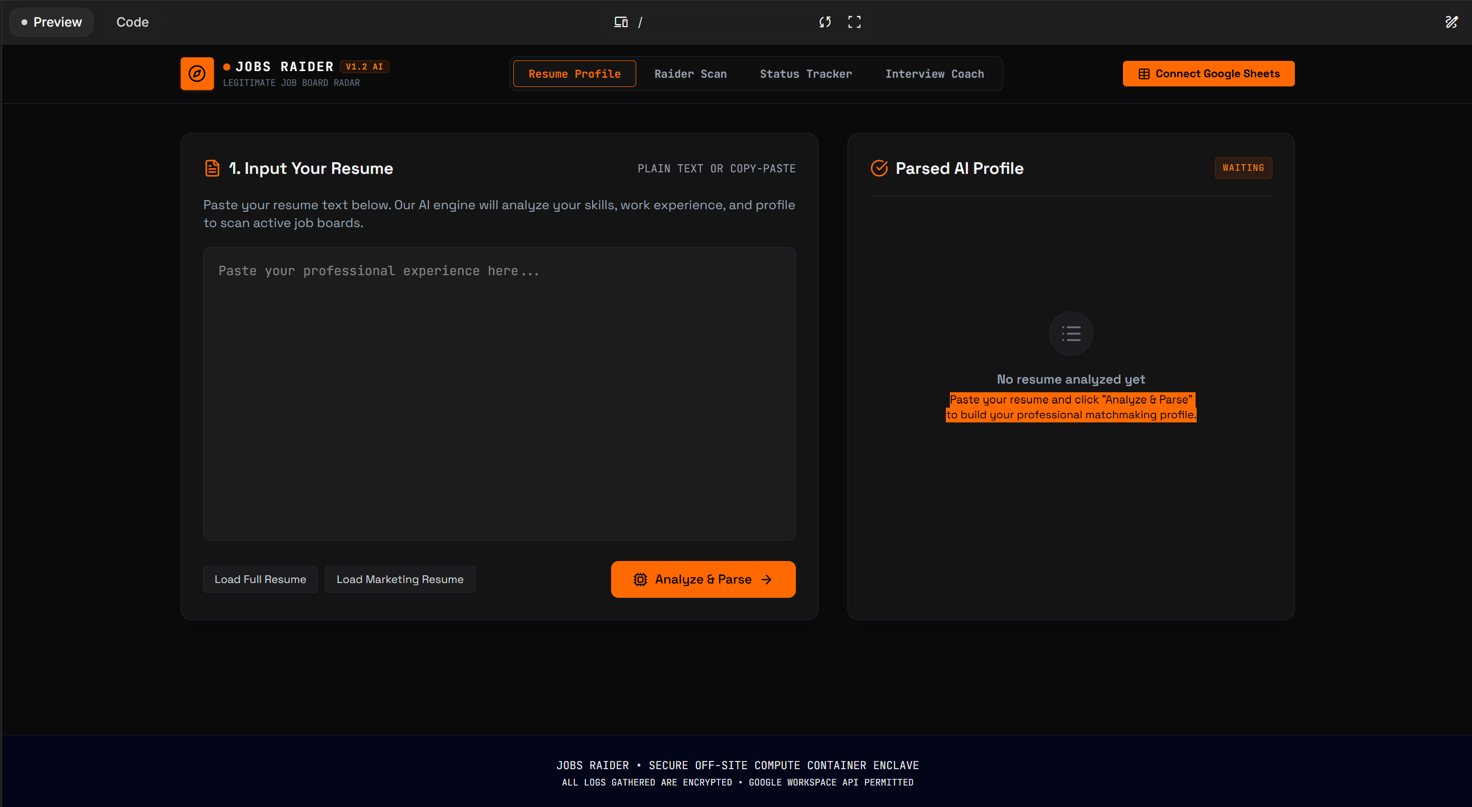 Jobs Raider before: empty resume parse and waiting state